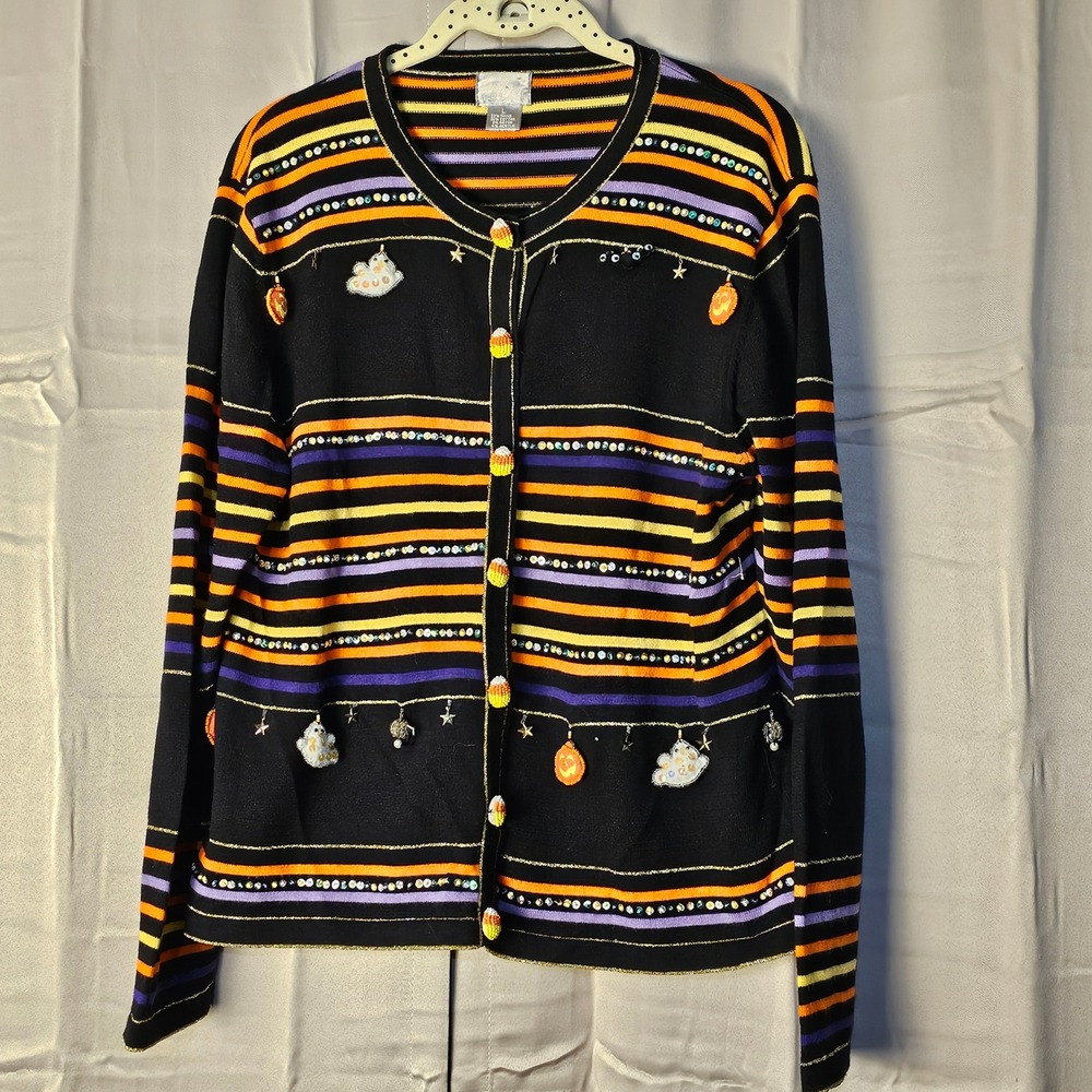 Vintage Berek Black Orange Striped‎ Embellished Halloween Cardigan Sweater Large